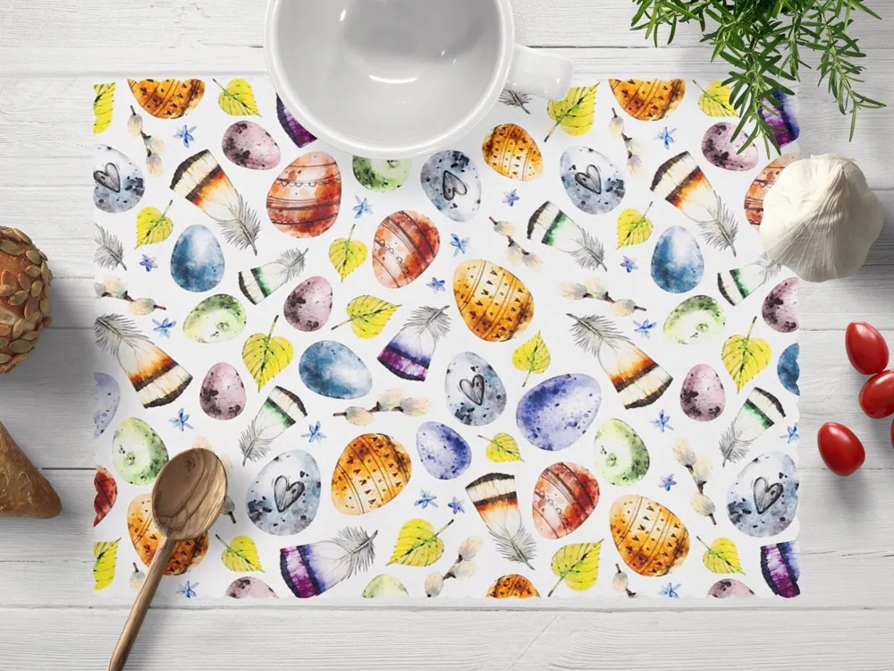 Biante Veľkonočné teflónové prestieranie na stôl TF-075 Farebné kraslice a pierka na bielom 30x40 cm