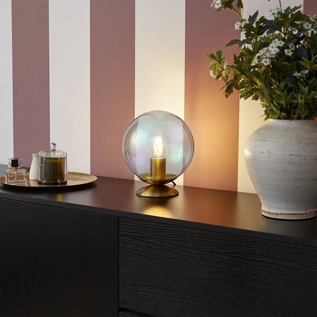 Stolná lampa Art Deco mosadzná s dymovým dúhovým sklom - Pallon