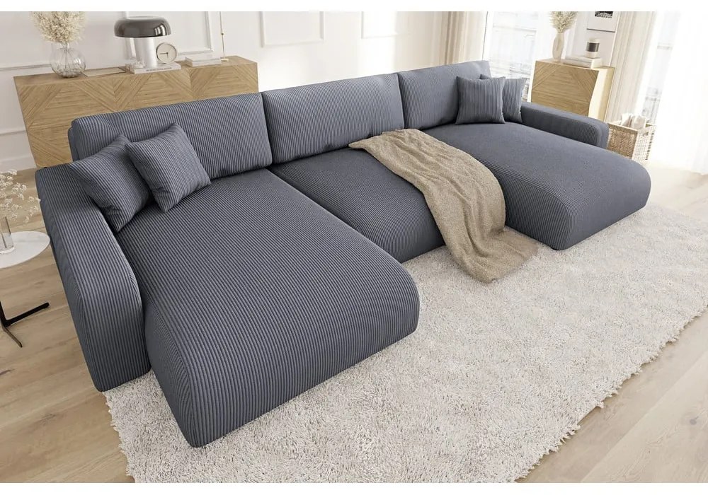 Tmavosivá menčestrová rozkladacia/s úložným priestorom rohová pohovka Sara – Ropez