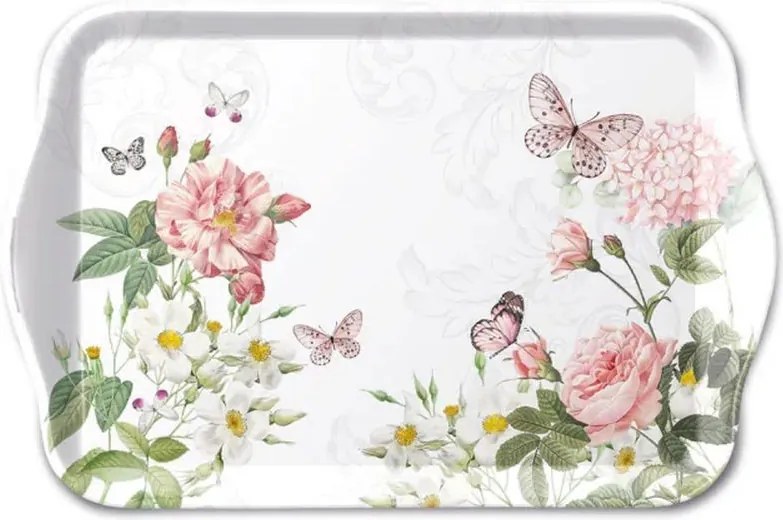 Biela melamínová tácka s kvetmi a motýliky Amelia - 13*21 cm