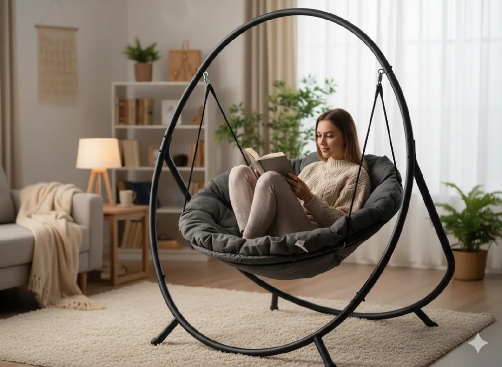 CH ZÁVESNÁ STOLIČKA NA TERASU – TMAVOSIVÝ VANKÚŠ, SIVÝ RÁM 115,5 X 140 X 167,5 CM