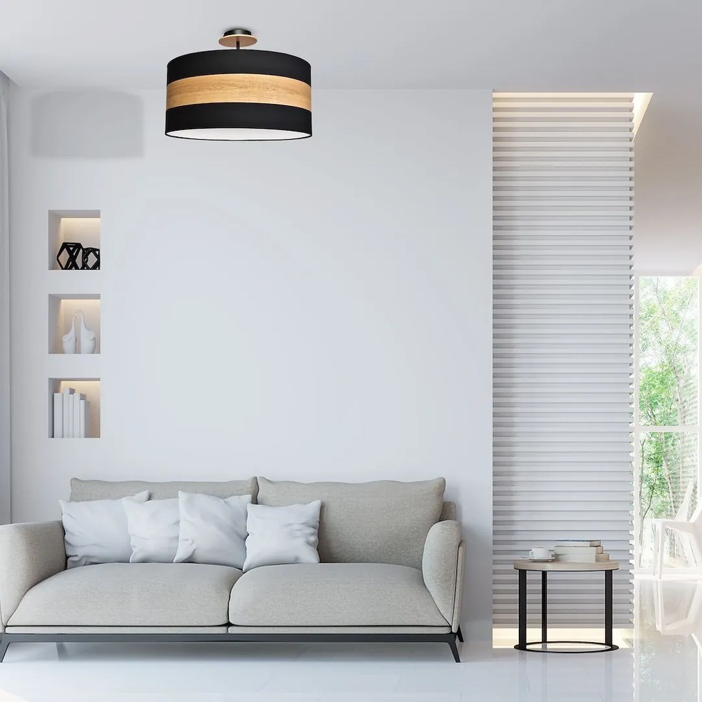 Stropné svietidlo Terra, 1x drevené/čierne textilné tienidlo, drevo