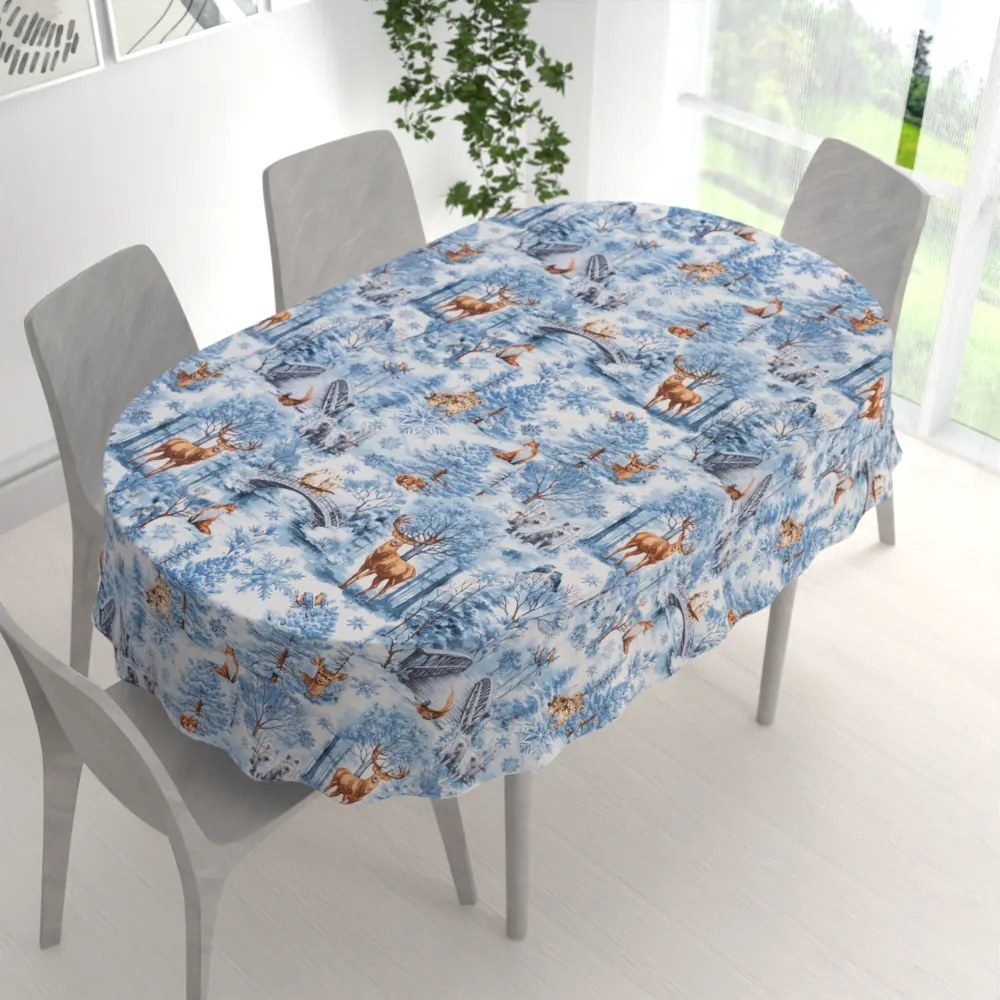 Biante Bavlnený oválny obrus Sandra SA-674 Lesné zvieratá v zimnom lese na modrom 50x100 cm