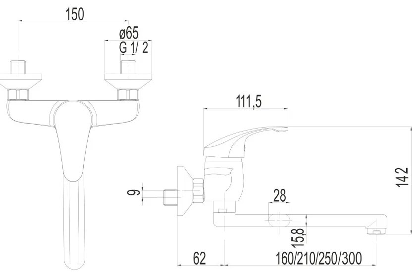 Mereo Mereo, Drezová nástenná batéria, Sonáta, s ramienkom plochým rovným 160 mm, chróm, MER-CB30202N