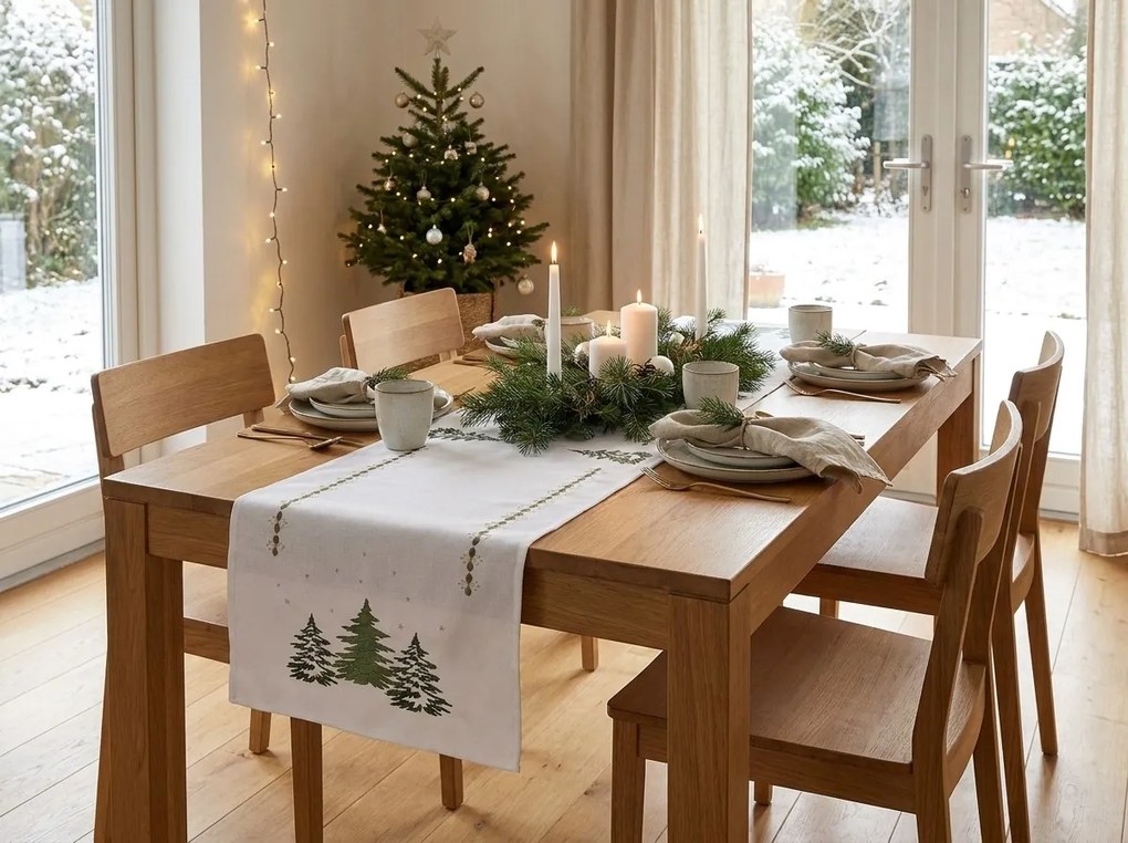 Vianočný behúň na stôl EVERGREEN CHARM 40x140 cm, biely