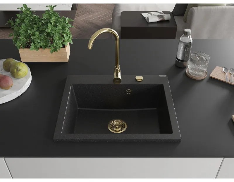 Mexen Elix, 1-komorový granitový drez 600 x 500 mm, čierna/strieborná metalíza, zlatý sifón - 6525601005-73-G