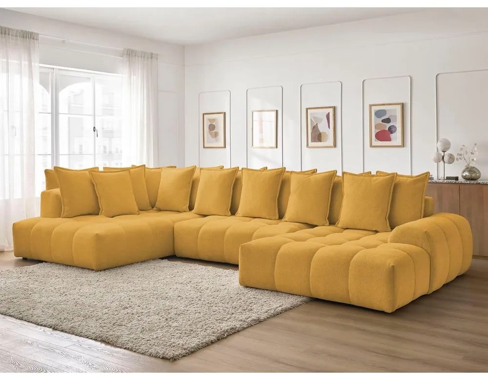 Ženilková rozkladacia/s úložným priestorom rohová pohovka v horčicovej farbe (ľavý roh/do tvaru "U") Everest – Bobochic Paris