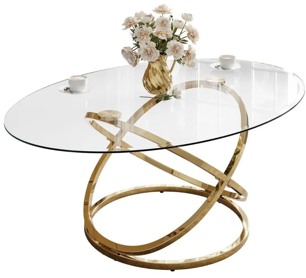 OVÁLNY KONFERENČNÝ STOLÍK LEONE ZLATÝ LESK + SKLO
