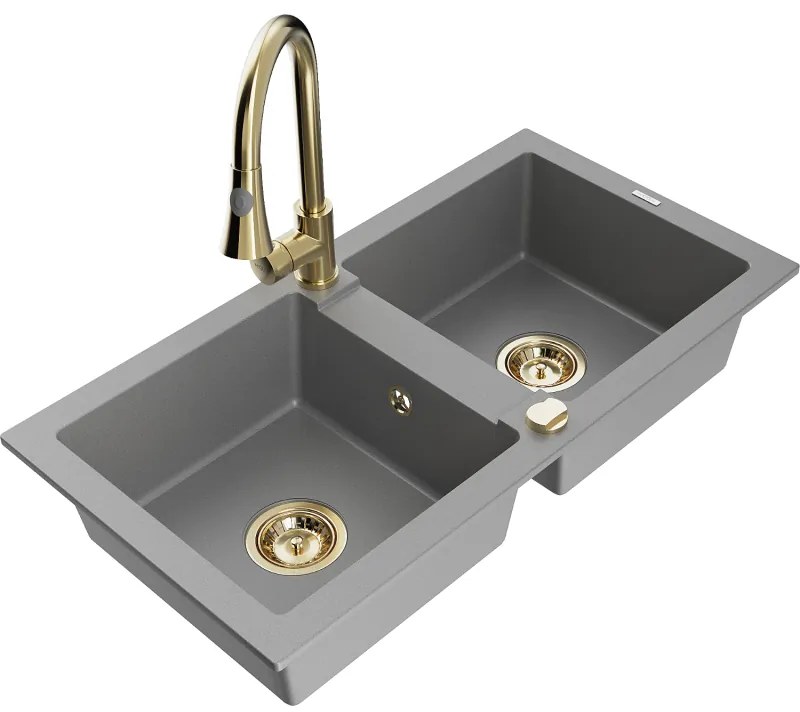 Mexen Mario, 2-komorový granitový drez 820x436x161 mm a drezová batéria Elia, šedá, 6504-71-670101-50