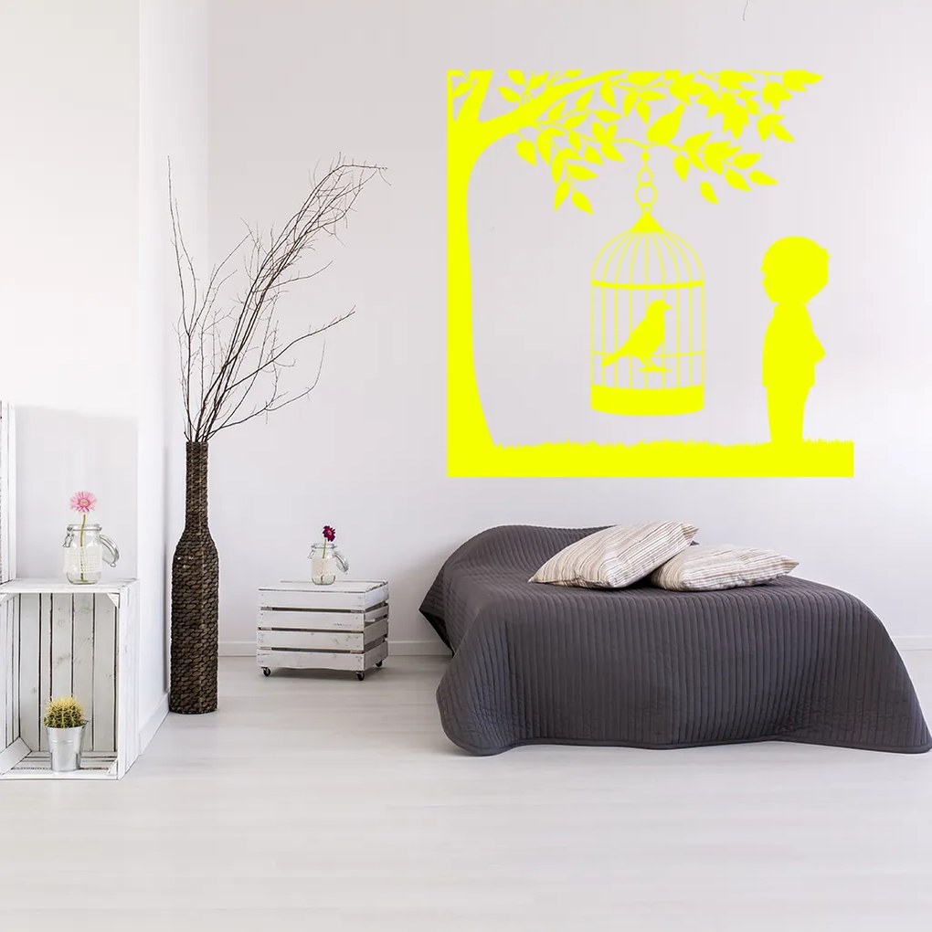 Veselá Stena Samolepka Vtáčik v klietke na strome Farba: modrá, Veľkosť: 60 x 60 cm