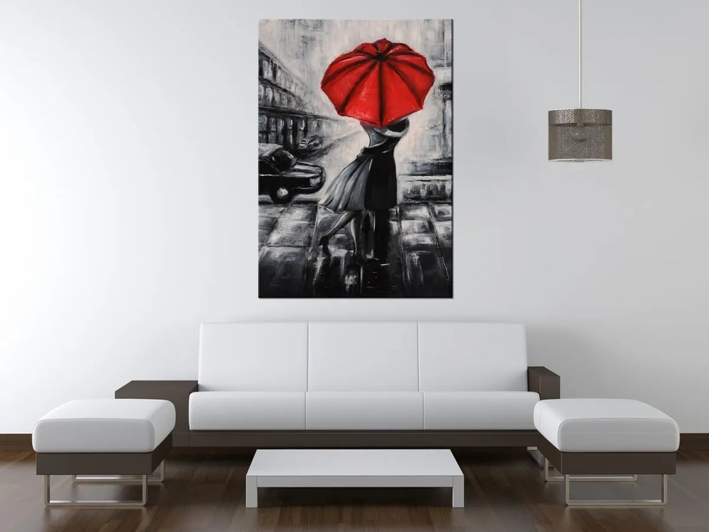 Gario Ručne maľovaný obraz Červený bozk v daždi Rozmery: 120 x 80 cm