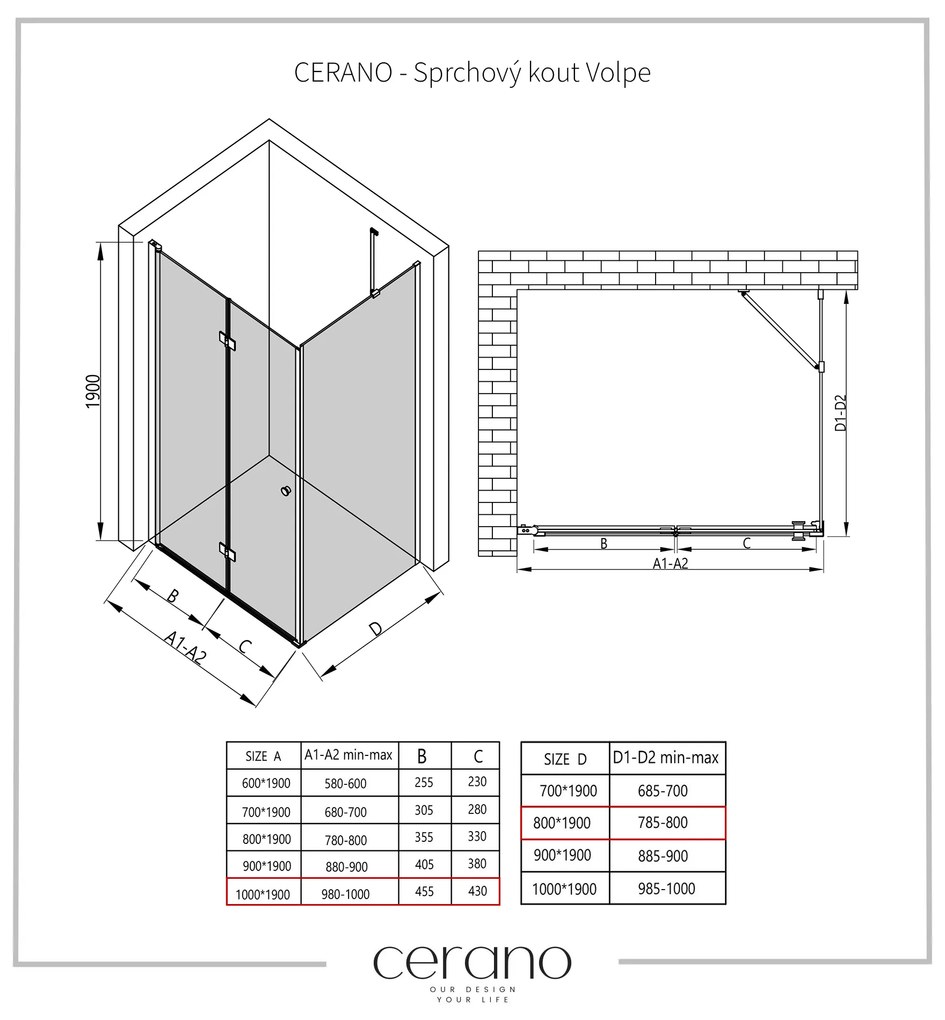 Cerano Volpe, sprchovací kút so skladacími dverami 100(dvere) x 80(stena), 6mm číre sklo, čierny profil, CER-CER-427342