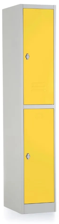 Kovová šatníková skrinka - 2 boxy, 38 x 45 x 185 cm, otočný zámok, žltá - ral 1023
