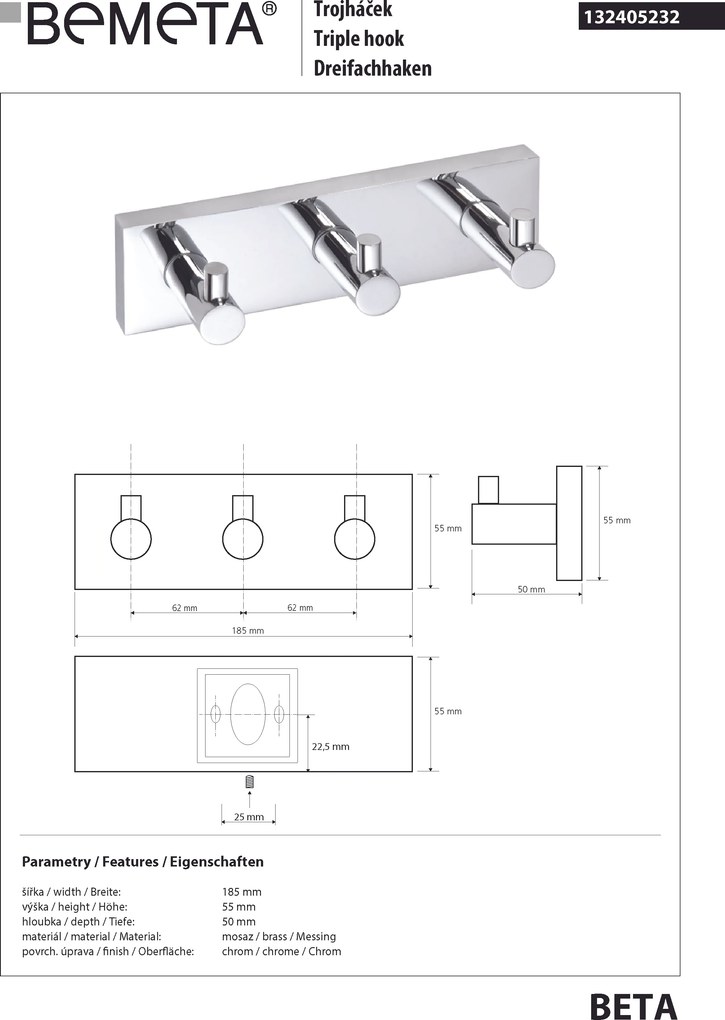Bemeta Design BETA: Vešiak, s 3 háčikmi - 132405232