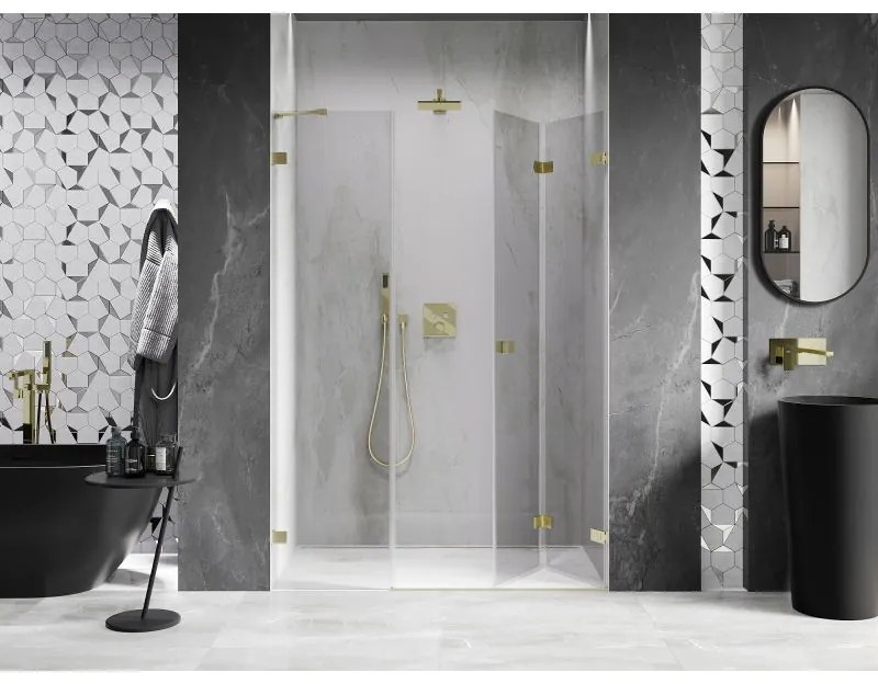 Mexen Lunar-F, pravé sklápacie sprchové dvere 115 cm, 8mm číre sklo, zlatý matný profil, 836S-115-050-55-00-P