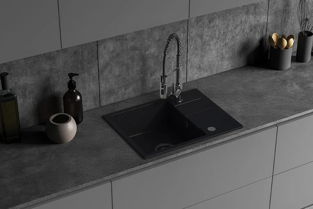 Kuchinox Laut, 1-komorový granitový drez 560x440x174 mm + sifón, čierna škvrnitá, LAV-SBZ_713Y