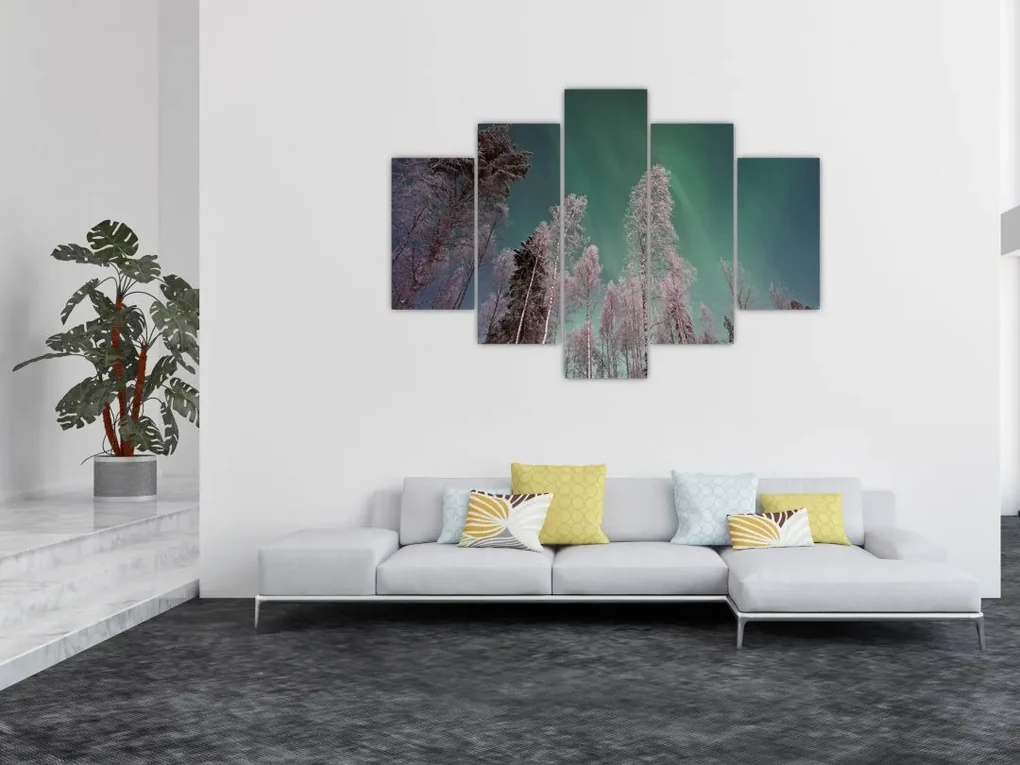 Obraz polárna žiara nad zamrznutými stromami (150x105 cm)