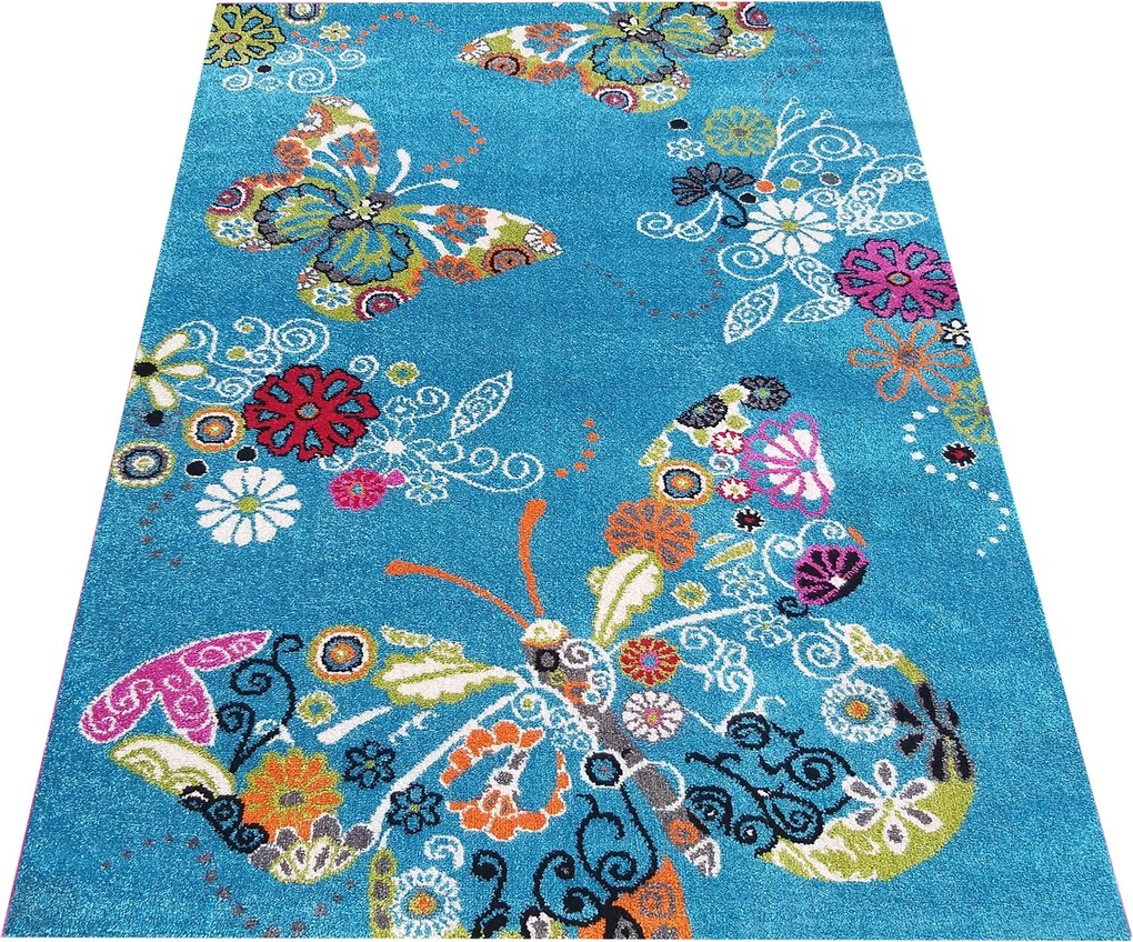 DY Detský modrý koberec s motýľmi Bella 114 Rozmer: 160x220 cm