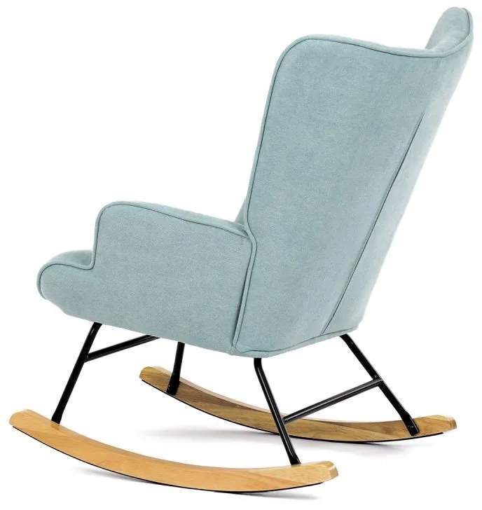 Luxusné hojdacie kreslo – moderný dizajn, svetlo modrá látka, masívne drevo, nosnosť 120 kg