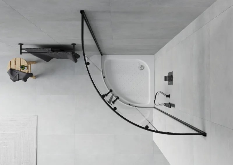 Mexen Rio, štvrťkruhový sprchový kút 90 x 90 cm, 6mm číre sklo, čierny profil + biela sprchová vanička RIO, 863-090-090-70-00-4710