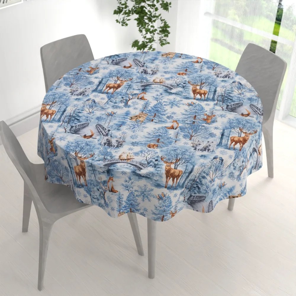 Biante Bavlnený okrúhly obrus Sandra SA-674 Lesné zvieratá v zimnom lese na modrom Ø 50 cm