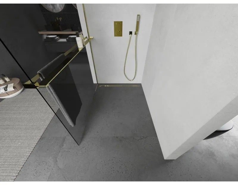 Mexen Kioto, sprchová zástena Walk-In Walk-in 105 x 200 cm, 8mm číre sklo, zlatý lesklý profil + vešiak na uteráky s poličkou, 800-105-121-50-00