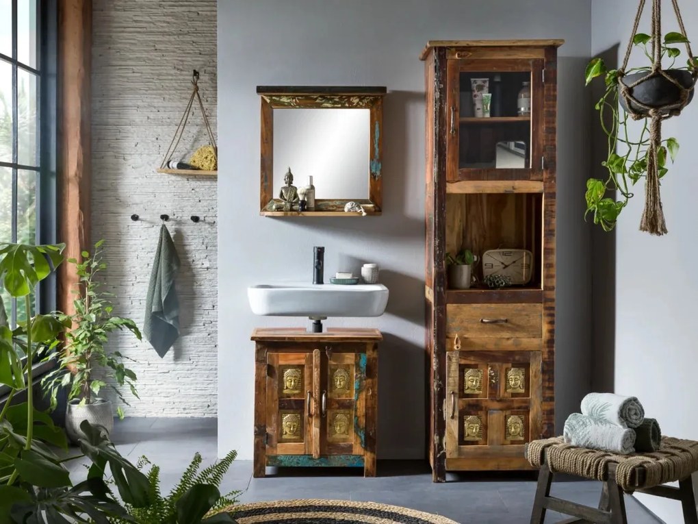 furniture-nabytek.cz - Masivní koupelnová vysoká skříňka Sumana z recyklovaného dřeva, lakovaná, hnědá – 50×40×180 cm