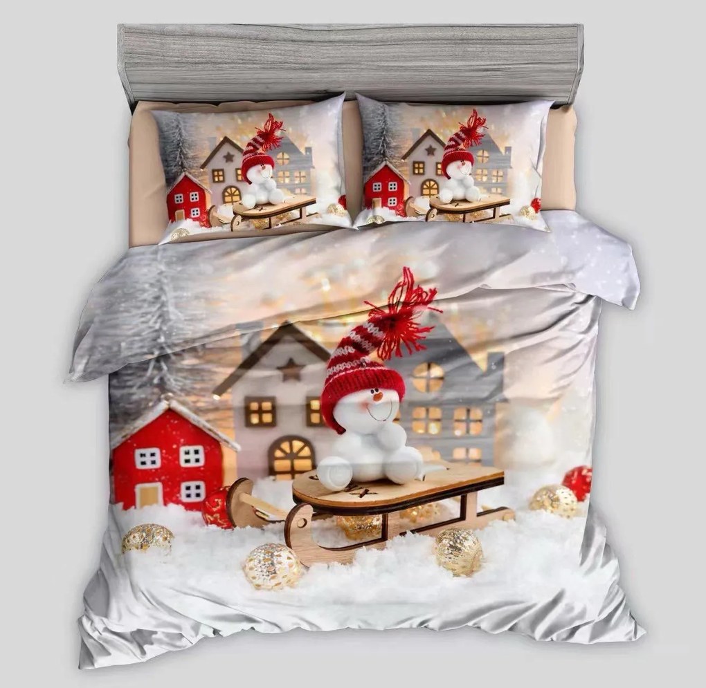 3D Bavlnené obliečky SNOWMAN ON A SLEIGH sivé, 100% bavlna Rozmer obliečky: 70 x 90 cm | 140 x 200 cm