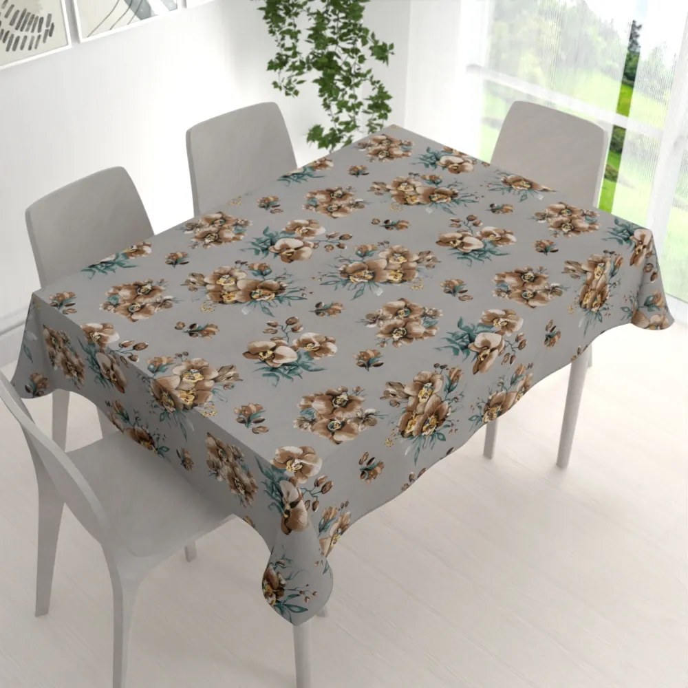 Biante Bavlnený obdĺžnikový obrus Sandra SA-622 Hnedé orchidey na sivom 100x140 cm