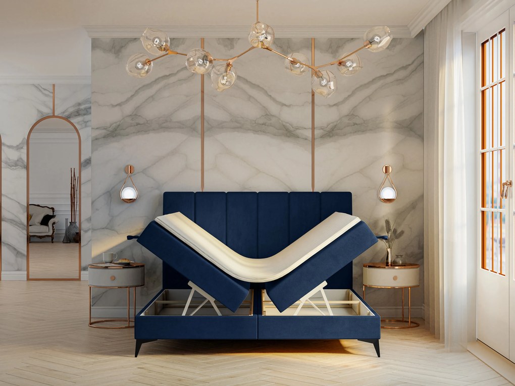 Manželská posteľ Boxspring 180 cm Axel (tmavomodrá) (s matracom a úl. priestorom). Akcia -20%. Vlastná spoľahlivá doprava až k Vám domov. 1043348