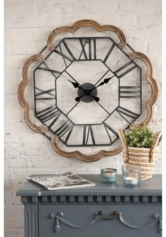 Kovové nástenné hodiny s dreveným okrajom v tvare kvetu - Ø 70*5 cm / 1*AA