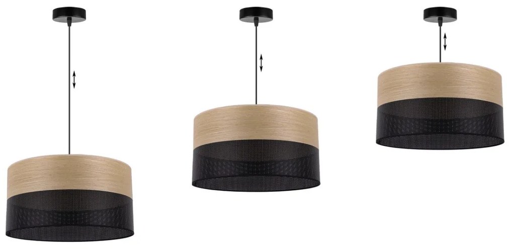 Závesné svietidlo Wood, 1x dýha zlatý dub/čierne PVC tienidlo, (fi 40cm)