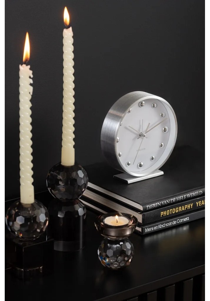 Dizajnové stolové hodiny/budík Karlsson 5970WHbiely, priemer 16 cm