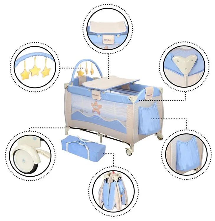 Cestovná postieľka s prebaľovacím pultom, modrá/biela