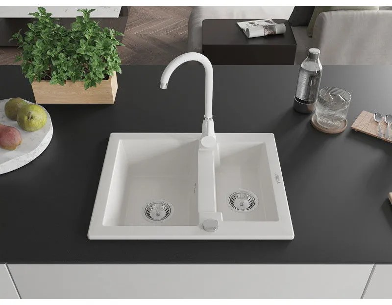 Mexen Carlos, granitový drez 582x475x177 mm, 1,5-komorový a biela drezová batéria Telma, biela, 6518-20-670200-20