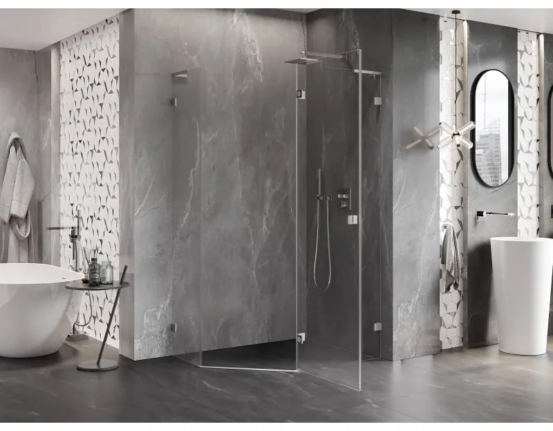 Mexen Lunar, L pravý výklopný päťuholníkový sprchový kút 100x90 cm, 8mm číre sklo, oceľový profil, 831L-100P-090L-97-00-P