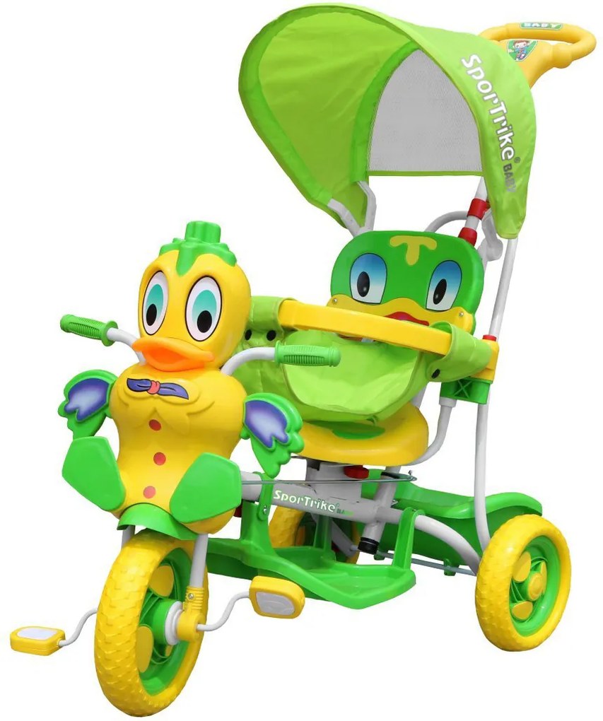 RAMIZ Detský bicykel Green Duck s 3 kolesami + zvuky + strecha + zábrana + opierka na nohy + rukoväť + úložný priestor A11-2- zelené