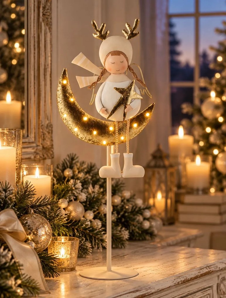 Zlatá kovová svietiaca dekorácia anjelik na nechtíka LED – 19,5*11,5*50 cm