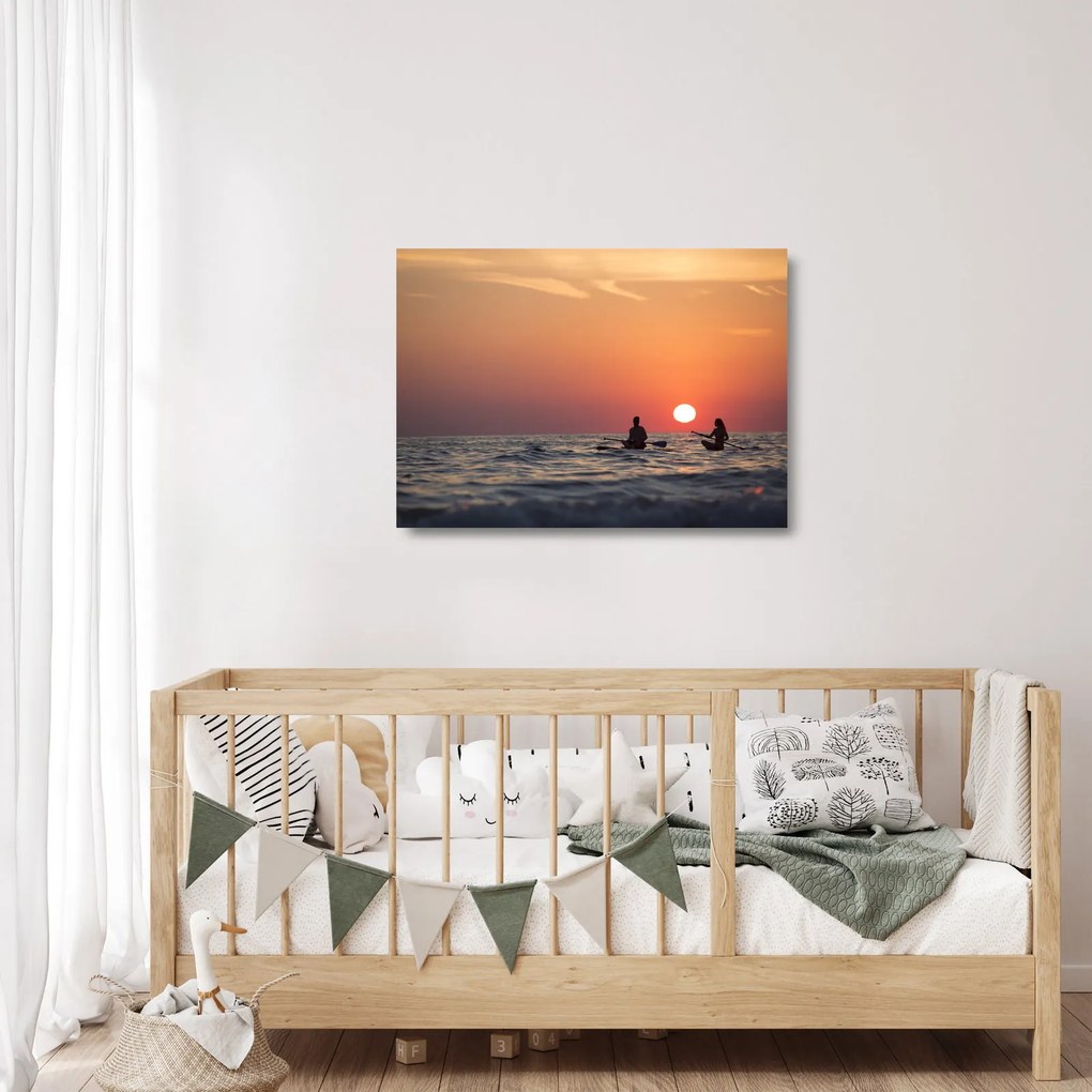 Sklenený obraz kanoistov pri západe slnka (70x50 cm)