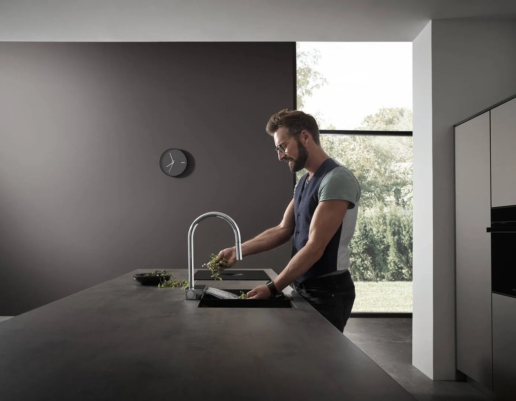 Hansgrohe M81, drezová batéria Aquno Select s výsuvnou koncovkou a plochým sprchovým prúdom, chrómová, HAN-73837000