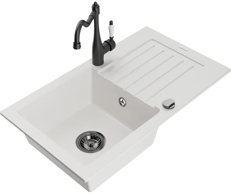 Mexen Pablo, granitový drez 752x436x161 mm, 1-komorový a drezová batéria Carla, biela, 6510-20-670700-70