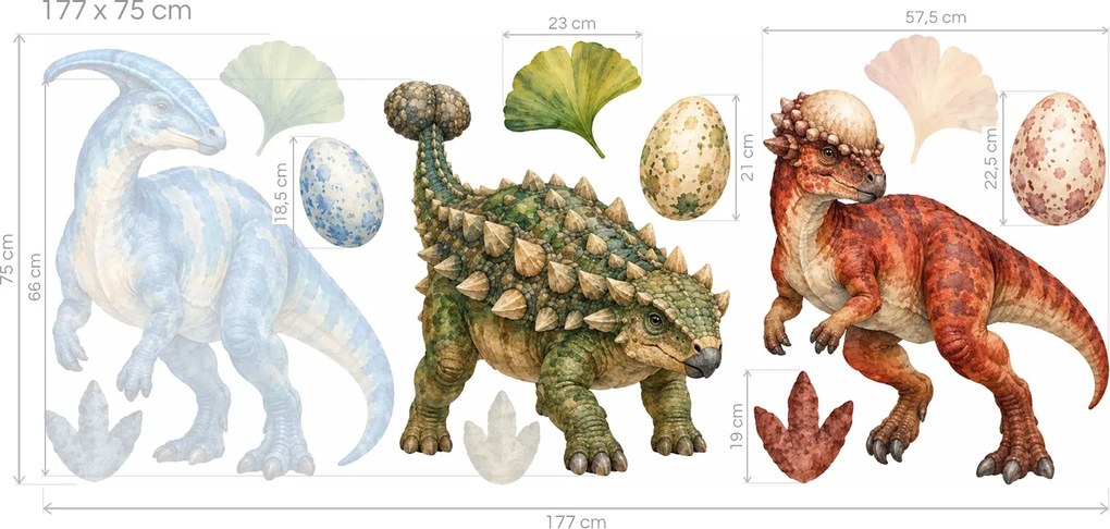 Tri dinosaury s vajíčkami maľované dinosaurie nálepky do izby chlapcov na stenu arch 46 x 19 cm