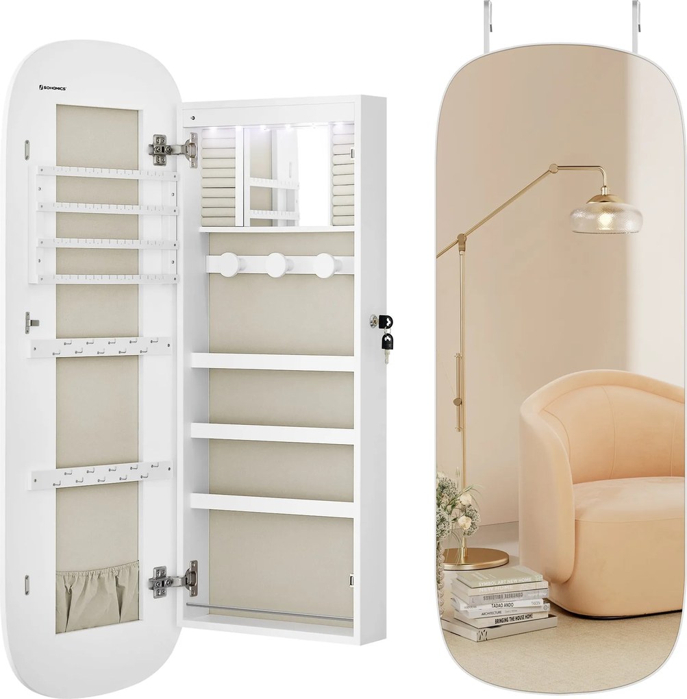 LED zrkadlo s úložným priestorom na šperky 10×42×108 cm, biele