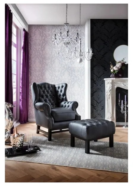 furniture-nabytek.cz - Masívny taburet Chesterfield Kingsfield z pravej kože, čierny – 61×46×43 cm