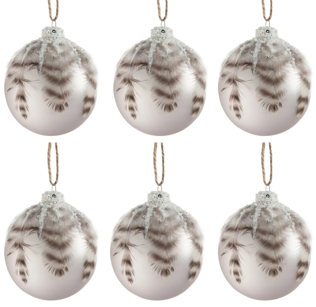 6ks vianočné šedá antk sklenená ozdoba s pierkami - Ø 10 cm