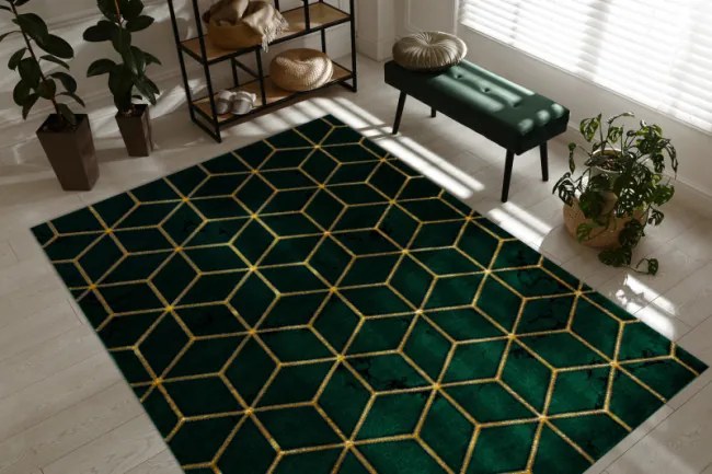Koberec EMERALD exkluzívny 1014 glamour, styl kocka fľaškovo zelený / zlatý