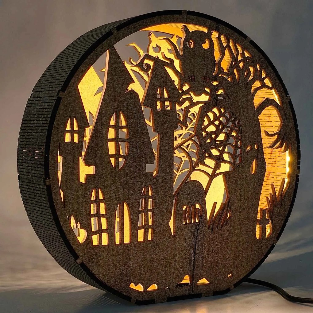 Drevená lampa Halloween - Strašidelný dom s sovou | DRACO: HDF - Orech 20 cm 4796-115339 LED0619