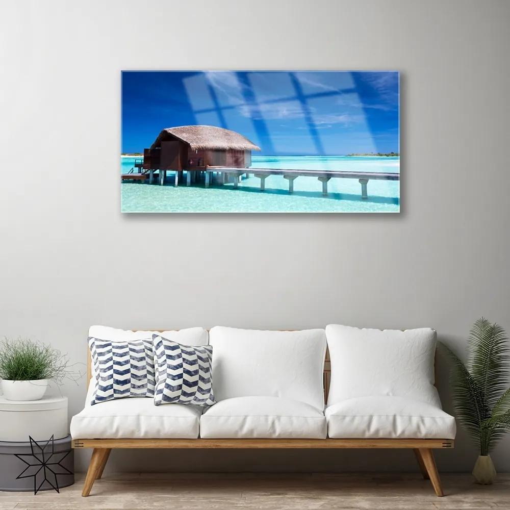 Obraz na skle More pláž dom architektúra 125x50 cm