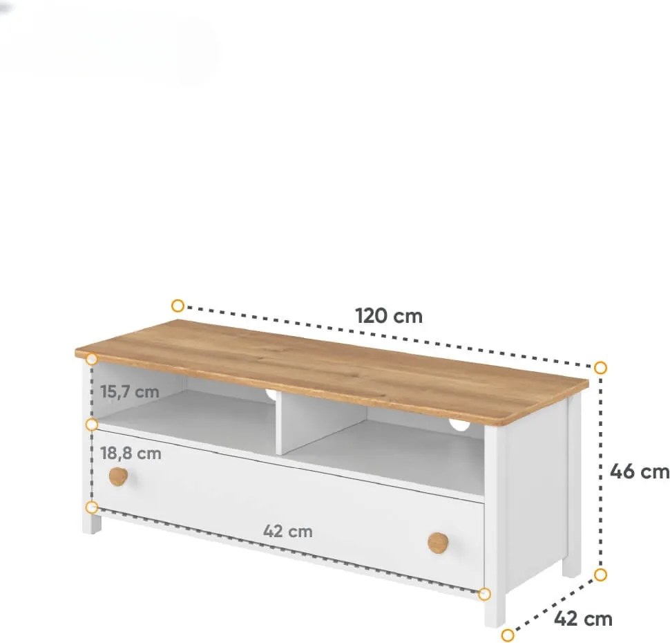 TV skrinka VERNON 120cm biela + dub nash