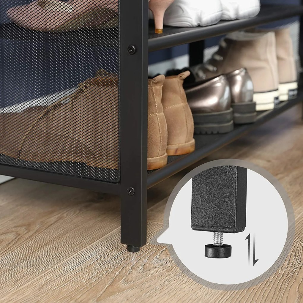 Čalúnená lavica na topánky s policou zo sieťoviny, rustikálna hnedá a čierna